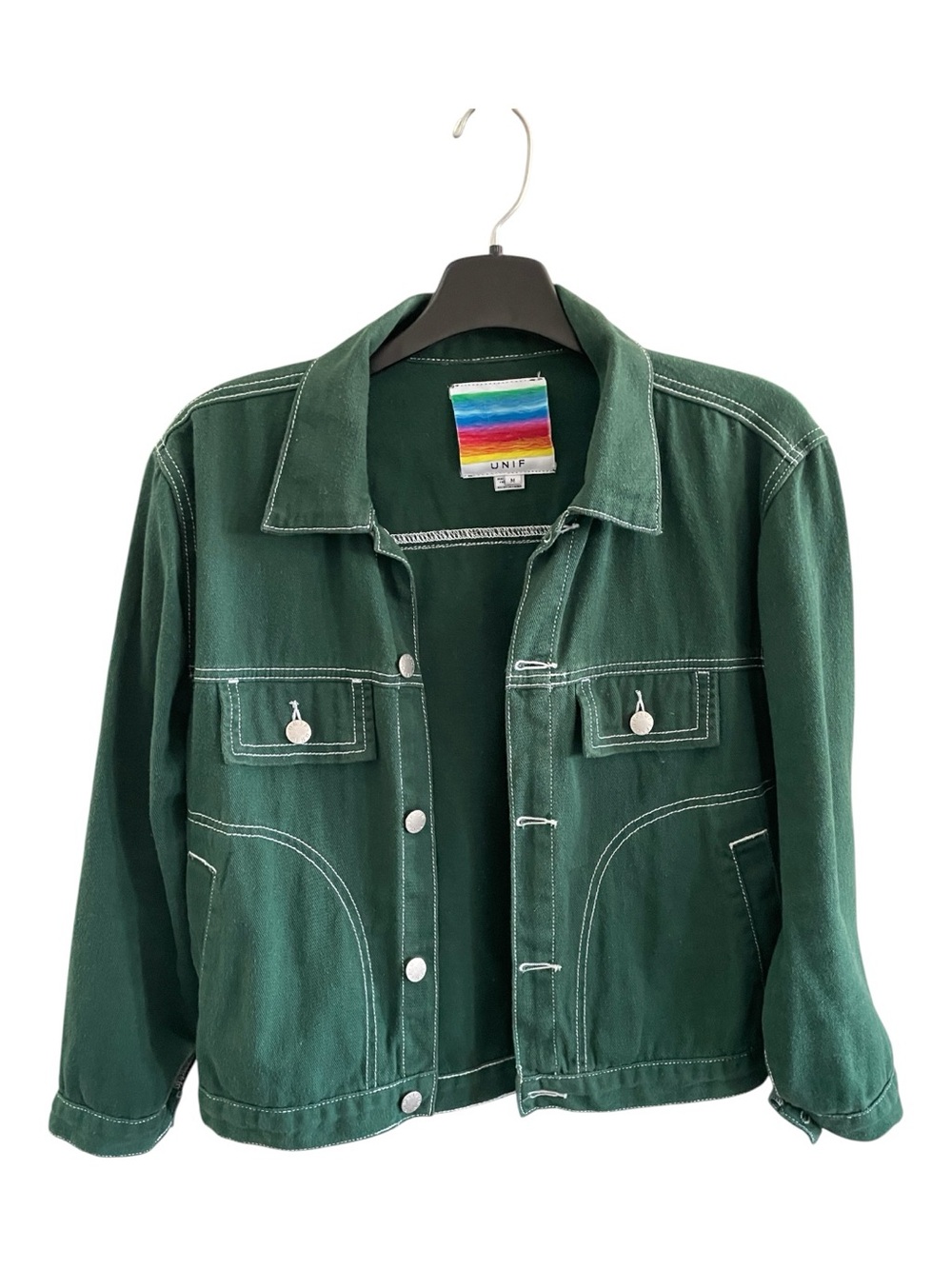 UNIF Dark Green Women's Jean Jacket with White Topstitching